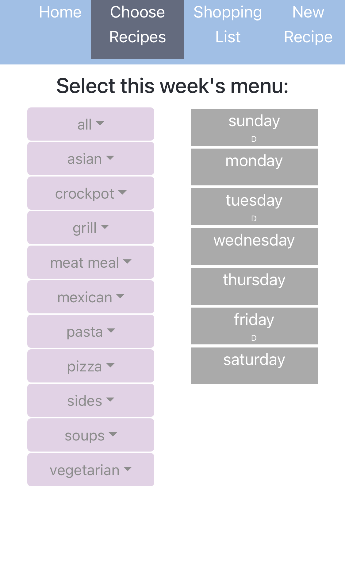 shopping list planner recipe selection